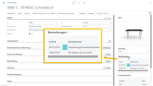 Dynamics365BC-365PerformanceEssentials_Artikelkarte-BemerkungInfobox
